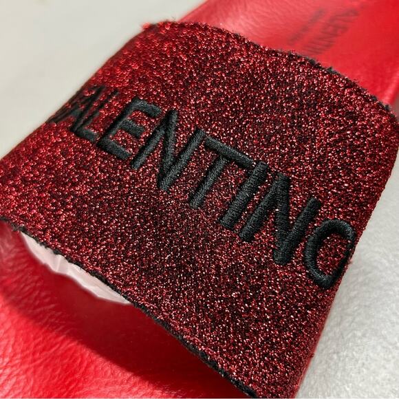 Valentino Red Slides Sparkle Metallic Logo Name Top Sandals Made in Italy Sz 37 - Picture 2 of 7